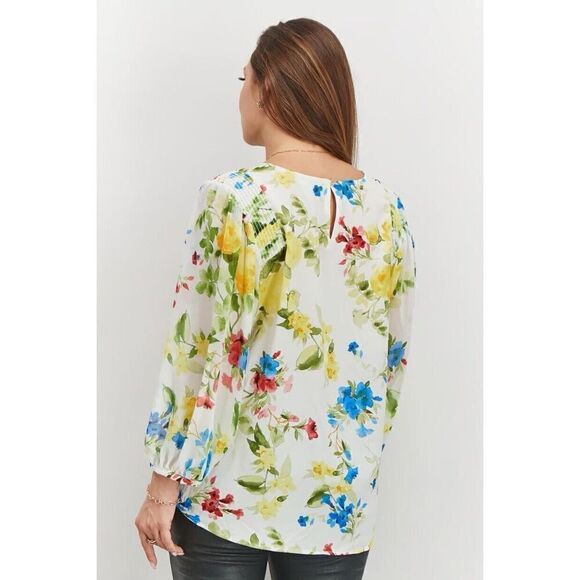 Calvin Klein Blouse NWT Size Medium White Multi Floral Chiffon Long Sleeve Top - Picture 2 of 13